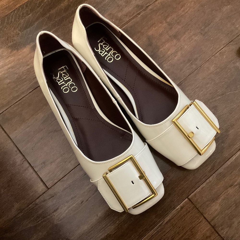 Franco Sarto cream slides slip on flats Tahlia shoes, size 7, square toe